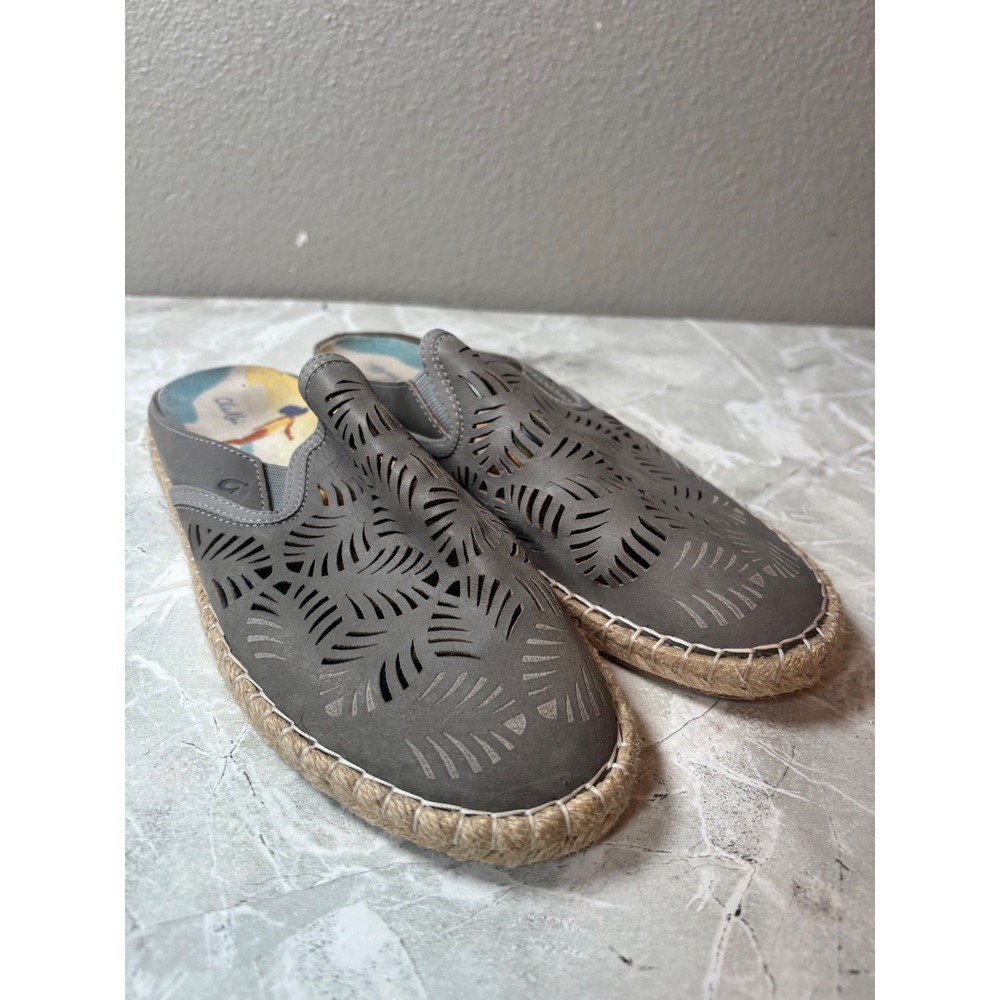 OluKai Kaula Olui Grey Leather‎ Laser Cut Espadrille Mules Slip On Shoes US 8